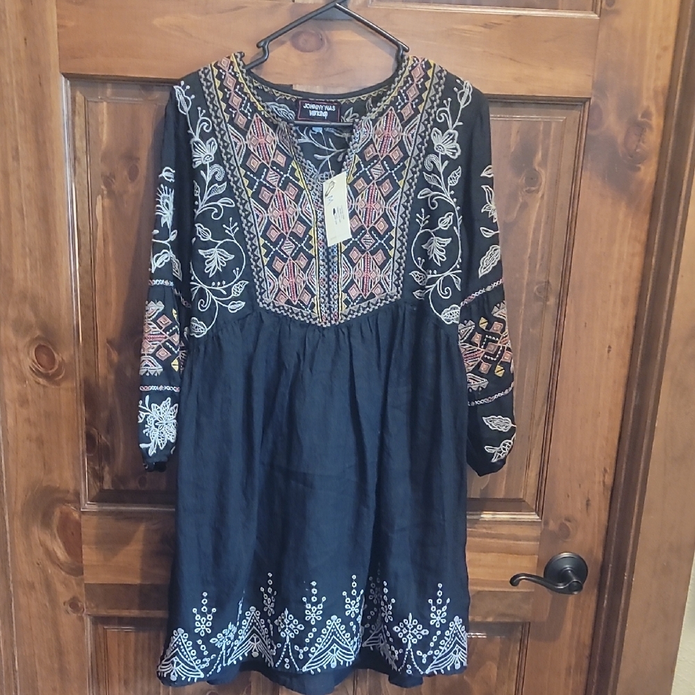 Johnny Was Black and White Embroidered Dress